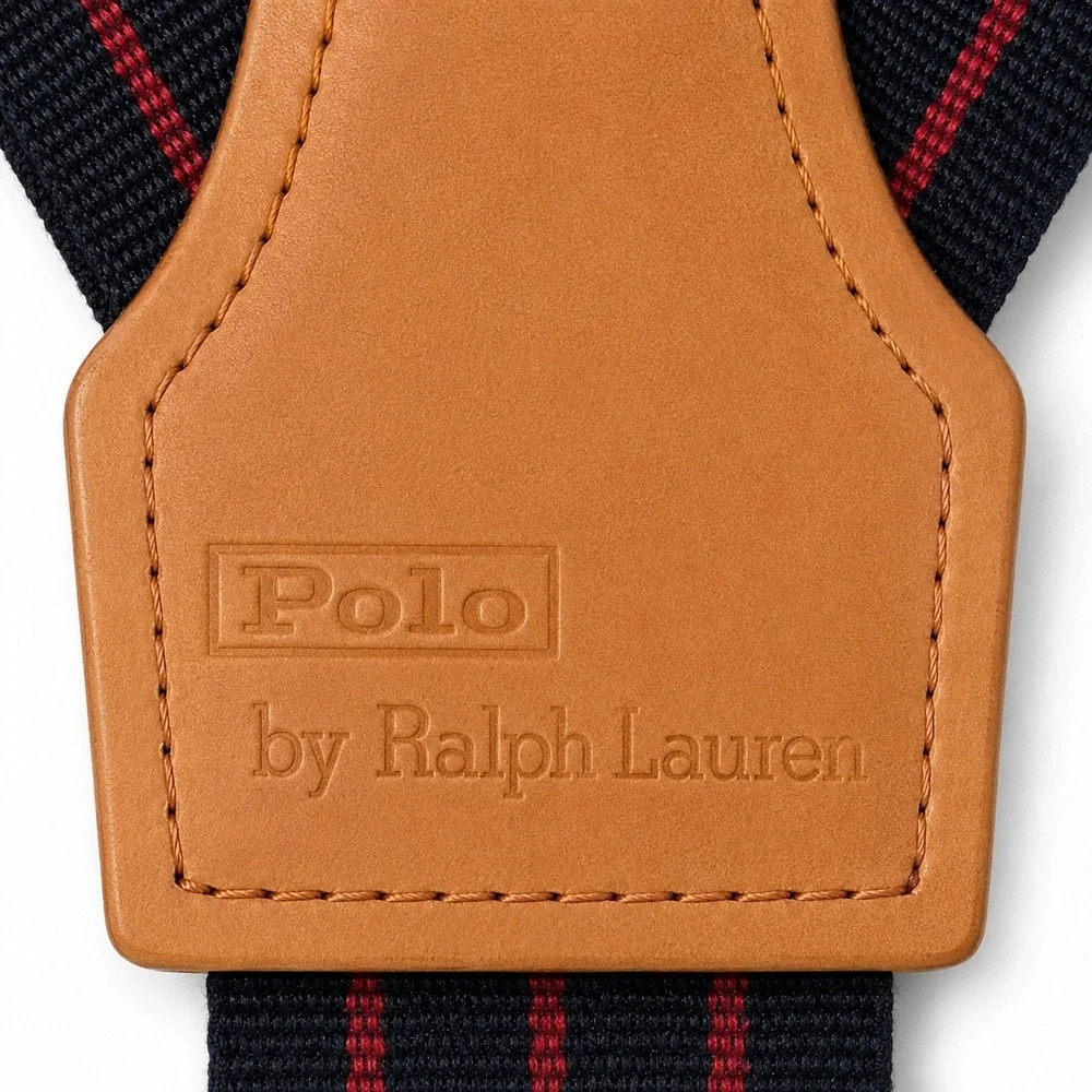 Polo Ralph Lauren Suspenders Men OS Navy Red Striped Leather Button End Braces